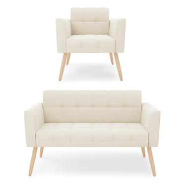 Imagem de Kit 1 Sofá Namoradeira e 1 Poltrona Elisa Veludo Bege Pés Palito Natural D03 - D'Rossi