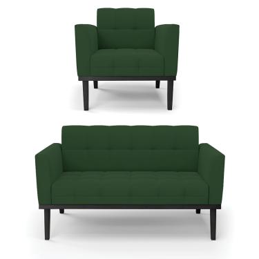 Imagem de Sofá Namoradeira e Poltrona Base de Madeira Preto Elisa Veludo Verde D03 - D'Rossi