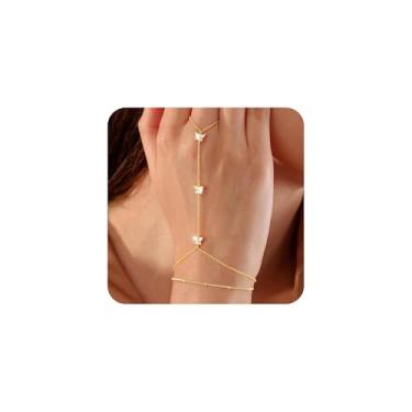 Imagem de Ursteel Pulseira feminina banhada a ouro 14K, anel delicado, corrente de mão, zircônia cúbica, trevo, borboleta, cruz, coração, pulseira, joias, presentes de Natal para mulheres, 6"+2", Latão, Pedra