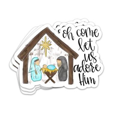 Imagem de 3 peças Oh Come Let Us Adore Him Adesivo Presépio Cristão Adesivo Religioso Deus Fé Jesus Natal Adesivos de Vinil Impermeável para Laptop Diário Decalques Presentes para Orações Adultos Crianças 7,6
