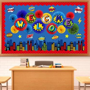 Imagem de Conjunto de quadro de avisos de super-tema 3D para sala de aula, herói, cityscape cityscape cutouts, leques de papel, boas-vindas de volta às aulas, decoração de sala de aula, biblioteca de jardim de