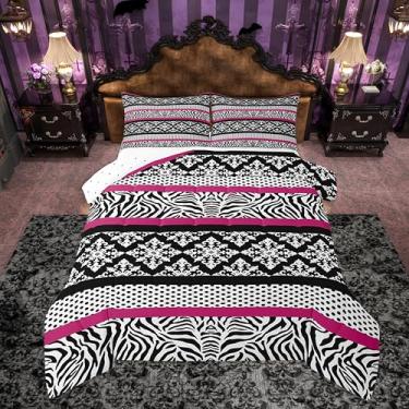 Imagem de jejeloiu Conjunto de cama casal com estampa de damasco para crianças, meninos, meninas, zebra, rosa, bolinhas, listrado, edredom para decoração de quarto, microfibra leve e macia, 3 peças