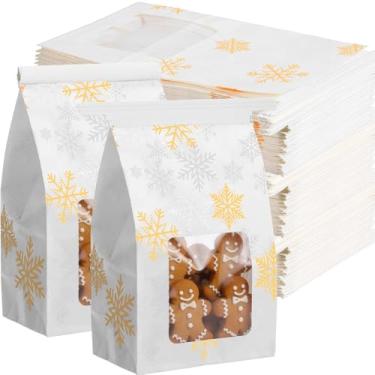 Imagem de Sweetude 60 sacos de padaria de floco de neve com janela 10 x 6,36 x 16,7 cm, sacos de padaria de Natal, papel kraft de inverno, trava de arame de ferro para biscoitos, café, comida, tema de férias