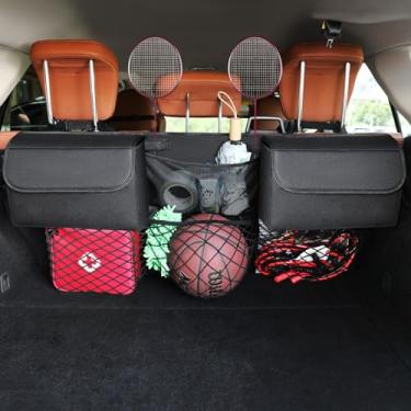 Imagem de MARKSIGN Organizador de porta-malas de luxo para carro pequeno SUV, organizador de porta-malas pendurado no banco traseiro, bolsa de armazenamento de carro dobrável à prova d'água com 6 bolsos, design