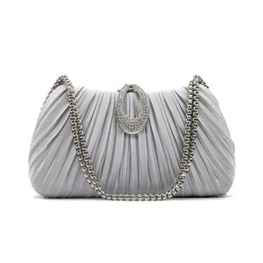 Imagem de Qiannaura Bolsa de mão feminina formal de cetim para festa de casamento elegante bolsa de ombro pequena, Prata
