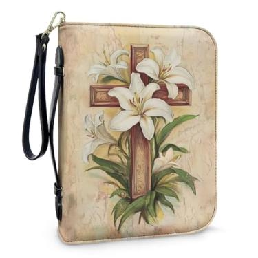 Imagem de QOPECUOY Capa bíblica vintage cruz igreja para mulheres lírios cruz bolsa de transporte bíblia com alça de pulso e alça bolsa de couro marrom tamanho grande diário bolsas cristãs bolsas 2GG