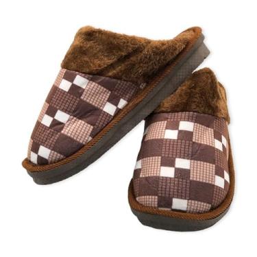 Imagem de Pantufa Masculina Xadrez, Chinelo Confortável para Casa, Marrom, Tamanho 40/41, Interior Felpudo