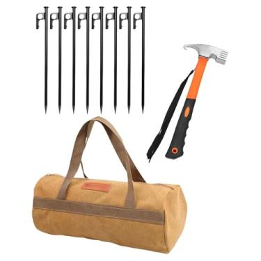 Imagem de KiBcsLic Kit de estacas de aço carbono para barraca com ferramenta, acessório multifuncional, portátil, profissional para uso externo, bolsa de armazenamento, 25cm