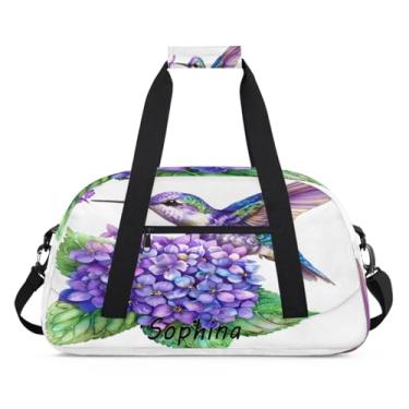 Imagem de Bolsa esportiva personalizada, animal, beija-flor, hortênsia, vintage, com nome, bolsa de dormir personalizada, bolsa de fim de semana, bolsa de treino para dança, balé, academia, ginástica, mala