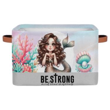 Imagem de hongjinglin Cestos de armazenamento pequenos, sereia fofa, marrom, com alças, caixas de armazenamento de brinquedos infantis, organizador de cubo de tecido, cesto organizador para berçário, sala de