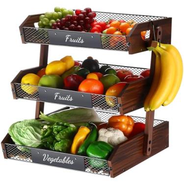Imagem de Briwooody Cesta de frutas de 3 camadas para organizador de balcão de cozinha com cabides de banana, cesta de frutas de madeira, suporte de armazenamento para organizar cebola, batata, pão, vegetais