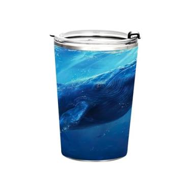 Imagem de Blueangle Copo de 340 g com tampa e canudo, copo de café com água isolada a vácuo de aço inoxidável, caneca de viagem de baleia azul, copo térmico para bebidas quentes e frias (594)