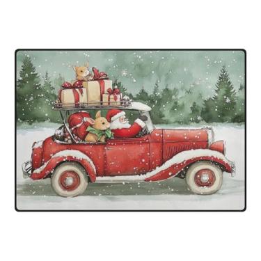 Imagem de Blueangle Tapetes de Natal laváveis de 12 x 16,7 cm para sala de estar - Tapete ultramacio antiderrapante resistente a manchas com estampa de carro vermelho vintage, decoração de férias para quarto e