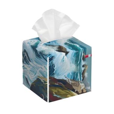 Imagem de Caixa de lenços de couro quadrada à prova d'água pintura de gaivota do oceano organizador de papel facial com cinto inferior cubo estojo de lenços para mesa, banheiro, escritório, mesa, carro