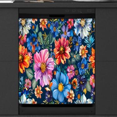 Imagem de Capa magnética para lava-louças, margarida de flor, colorida, vintage, magnética, capa de porta de lava-louças, decalque de lava-louças para cozinha, eletrodomésticos, 58 x 66 cm