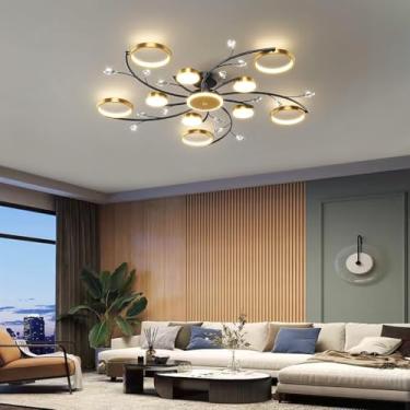 Imagem de Luminária de teto regulável para decoração de interiores, luminária de teto de cristal LED com controle remoto, lustre para restaurante, luminária de teto retrô com anel dourado chique, adeq