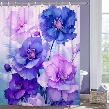 Imagem de Uiiooazy Cortina de chuveiro azul escuro para banheiro rosa floral conjunto de cortinas de chuveiro com ganchos abstrato roxo rosa flores decoração de banheira cortinas de tecido à prova d'água 183 x