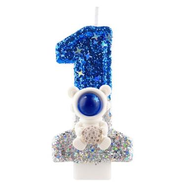 Imagem de Vela de aniversário com glitter astronauta espacial número 1 velas de topo de bolo azul prata decoração de feliz aniversário para meninas, meninos, artigos de festa de aniversário
