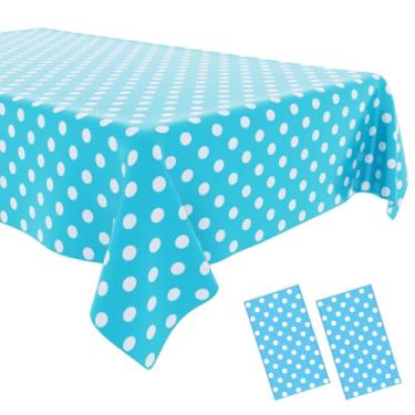 Imagem de OLIVBIN Pacote com 2 toalhas de mesa de bolinhas azuis, toalhas de mesa azuis e brancas, capa de mesa retangular de plástico descartável, adequada para mesas retangulares (137 x 272 cm)