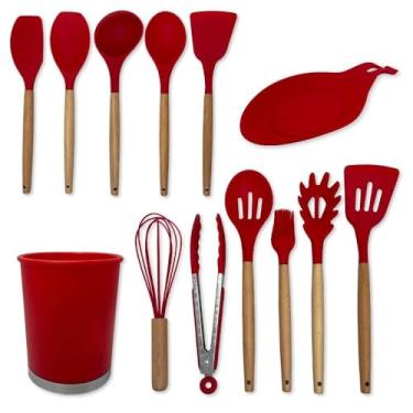 Imagem de Kit com 2 conjuntos de Utensílios de Cozinha em Silicone, 13 Peças, Preto com Cabo em Madeira, Livre de BPA, Suporta até 230°C
