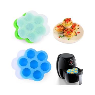 Imagem de 2 moldes de silicone para assar mini muffin de silicone para assar, forma reutilizável para mordidas de ovos, com tampa, máquina alternativa de mordida de ovo, azul e verde
