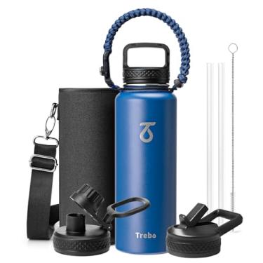 Imagem de Trebo Garrafa de água de 1,134 g com alça de paracord, jarro de água isolado de aço inoxidável de parede dupla grande de meio galão com alça de suporte e tampas de bico de palha, à prova de vazamento