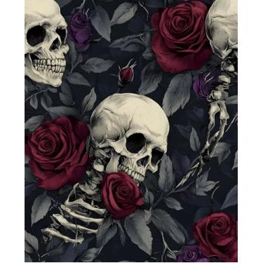 Imagem de VOLEAAR Papel de parede destacável de caveira gótica, papel de parede removível autoadesivo floral borgonha rosa para quarto armário cozinha, decoração de papel de contato escuro gótico assustador de