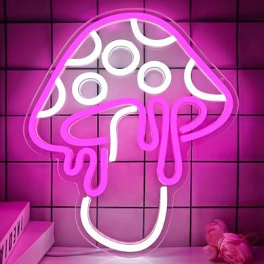Imagem de Sinal de néon de cogumelo regulável LED luz noturna fofa arte de parede 3d sinais de néon cogumelo para sala de jogos decoração de quarto presente de feriado para crianças meninas (rosa)