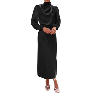 Imagem de BTFBM Vestido feminino de cetim com gola redonda verão outono 2025 manga longa cintura alta formal festa de casamento maxi vestidos coquetel, Preto, GG