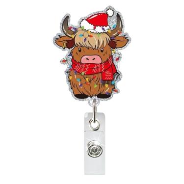 Imagem de Carretel de crachá de vaca Highland de Natal bonito retrátil com chapéu de Papai Noel, cachecol e cordão de luzes, porta-crachás de identificação, rotação de 360°, clipe para enfermeira, professor