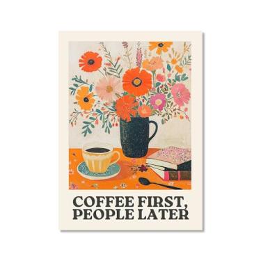 Imagem de Coffee First People Later Poster Retro Coffee Wall Art Trendy Flower Print Minimalista Vintage Floral Para Sala de Jantar Cozinha Decoração de Parede (SKU4,16x60 cm), Sem moldura)