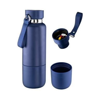 Imagem de Valori Home 3 em 1 Garrafa Térmica Inox 500ml Squeeze Academia Camping, Antivazamento, Parede Dupla a Vácuo, Porta Comprimidos e Copo - Azul