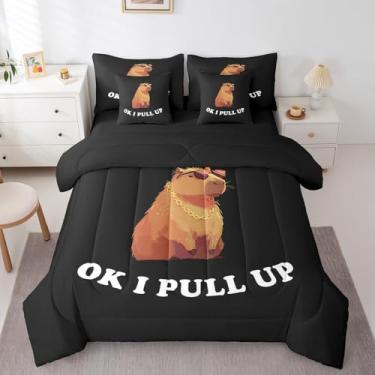 Imagem de Erosebridal Conjunto de edredom OK I Pull Up, 7 peças, capivara engraçada, solteiro, decoração de capivara, cama em uma bolsa, conjunto de lençol de capivara simples com edredom, presentes de capivara