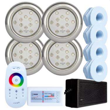 Imagem de Kit Iluminação Piscina Hidraled, 4 Refletores LED RGB Inox 18W, 4 Nichos para piscina de Fibra, Controle Remoto Touch