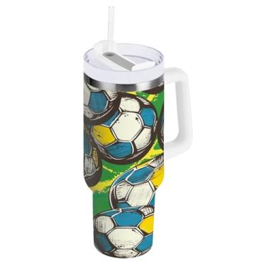 Imagem de Kigai Copo de futebol colorido de 850 g com tampa e canudo, copo isolado de aço inoxidável durável à prova de vazamento com alça, garrafas de água à prova de derramamento para viagens