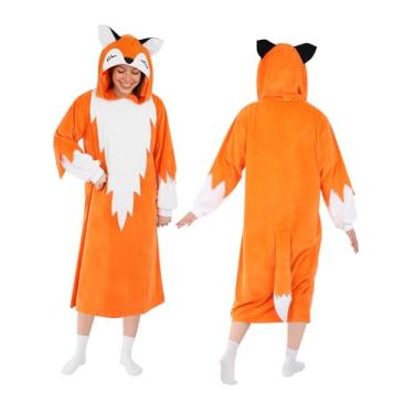 Imagem de ROC PARTY Vestido de moletom com capuz de raposa para mulheres – de pelúcia, solto e folgado com capuz e cauda, pijama aconchegante para festa de Halloween, cosplay e loungwear (ox, grande)