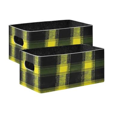 Imagem de xigua Conjunto de 2 caixas de armazenamento xadrez amarelas, cubo de armazenamento dobrável, organizador de cestas de armazenamento para brinquedos, livros, prateleiras, armário, lavanderia, berçário