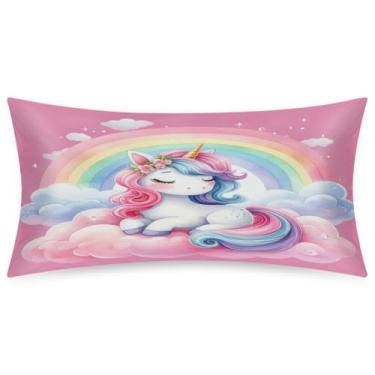 Imagem de Fronha de cetim para cabelo e pele fofo unicórnio arco-íris macio antiderrapante capas de travesseiro sem zíper com fecho de envelope fronha tamanho king size para cama sofá mulheres homens meninos