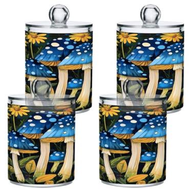 Imagem de STAYTOP 4 frascos de boticário para banheiro com etiquetas para cogumelos e flores silvestres – Recipiente de armazenamento Qtip de plástico transparente para bola de algodão, cotonete, grão de café