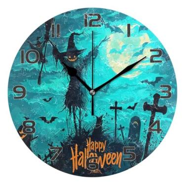 Imagem de YETTASBIN Relógio de parede Happy Halloween, silencioso, sem tique-taque, operado por bateria, relógio redondo decorativo criativo para cozinha, sala de estar, banheiro, decoração de escritório em