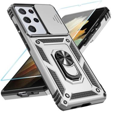 Imagem de SunStory Capa de celular para Samsung Galaxy S21 Ultra 5G com protetor de tela HD e capa de câmera deslizante e suporte de anel girado, [grau militar] [2 em 1] capa de telefone para Galaxy S21 Ultra