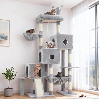 Imagem de Hey-brother Torre de árvore para gatos, postes para arranhar com 3 condomínios, cesta grande, cama aconchegante, tábua de sisal, caminho de escalada passo a passo e brinquedos, móveis de 190 cm para