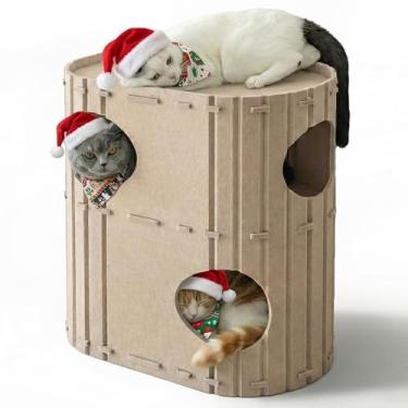 Imagem de PETKARAY Casa de feltro para gatos de 2 andares, caverna de cama grande para gatos internos, túnel de feltro para condomínio esconderijo para famílias com vários gatos, 60 x 56 x 30 cm, bege