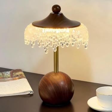 Imagem de Abajur de mesa com base de madeira, formato de gota d'água e cogumelo, com cúpula de cristal, ideal para cabeceira, iluminação LED, estilo rústico antigo ou industrial, perfeito para mesas d