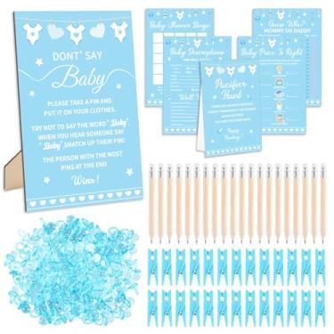 Imagem de 327 peças Blue Baby Shower Game Supply inclui 200 cartões de atividades, 25 lápis, 1 placa de bebê Don't Say 50 prendedor de roupa, 1 placa de caça à chupeta 50 chupetas para decoração de festa de