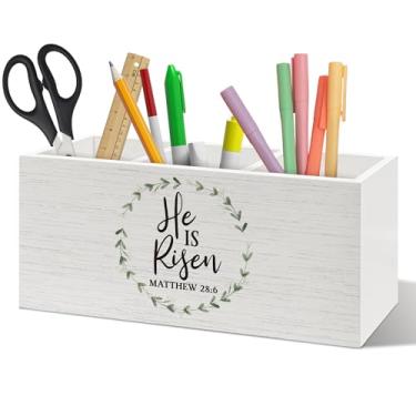 Imagem de ANIANG Porta-canetas de Páscoa cristãs, organizador de mesa, decoração de Páscoa He Is Risen, versículo bíblico de Mateus 28:6, porta-lápis religiosos de madeira para casa, escritório, acessórios de