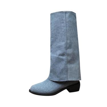 Imagem de Botas longas jeans femininas com bico fino e salto grosso design na altura do joelho para uso casual, Azul royal, 38