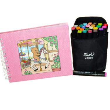 Imagem de Kit Livro Caderno de Colorir Rosa Capa Dura Espiral 50 Folhas com 24 Canetinhas Coloridas Bolsa de Transporte Preta, Ideal para Projetos Artísticos - Relaxamento e Criatividade para Todas as Idades