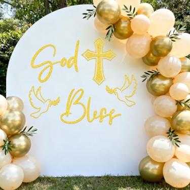 Imagem de Decalque de parede God Bless - Decalque de primeira comunhão - Decoração de arco de batizado Bautizo para meninos e meninas dourado