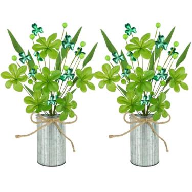Imagem de Prashent 2 peças de decoração de Dia de São Patrício caules artificiais de trevo em vaso de 30,5 cm, ramos florais de trevo verde com vaso de metal, ramos florais para festas, casa, mesas, centros de